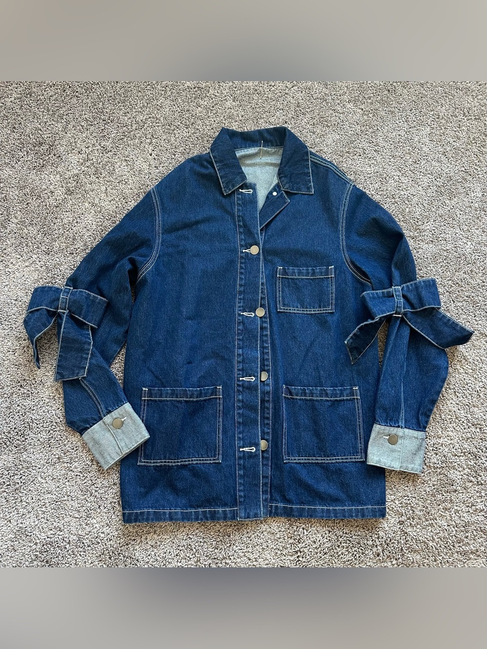 Dolls Kill Sample Bow Sleeve Coquette Indigo Blue Denim Button-Up Pocket Jacket